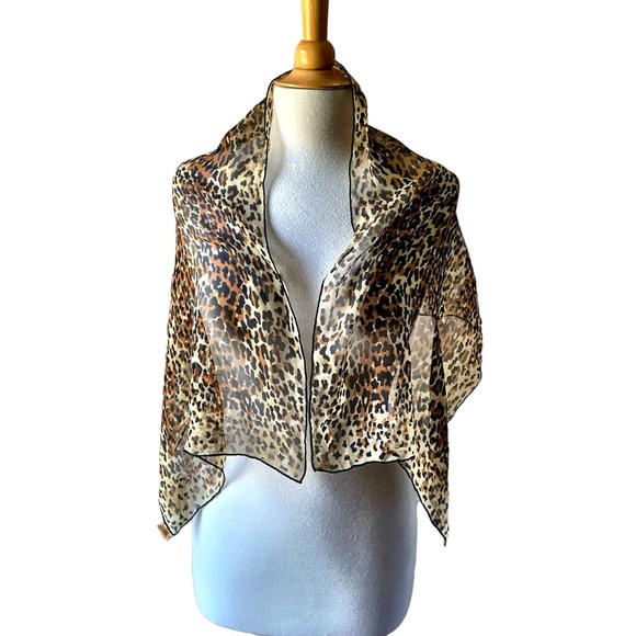 Vintage Animal Leopard Print Mob Wife Rectangular Silk Scarf Hand Rolled Hem - Picture 6 of 9